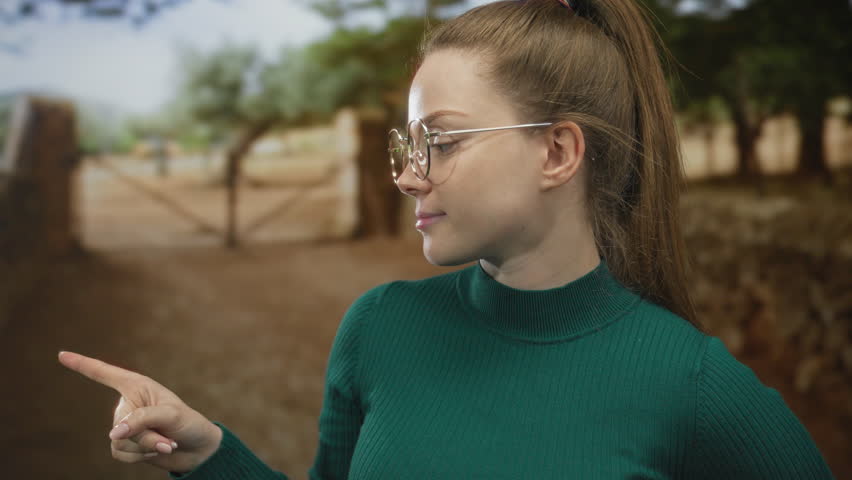 Young caucasian woman wearing round glasses and green sweater points finger in forest; exploration direction curiosity.