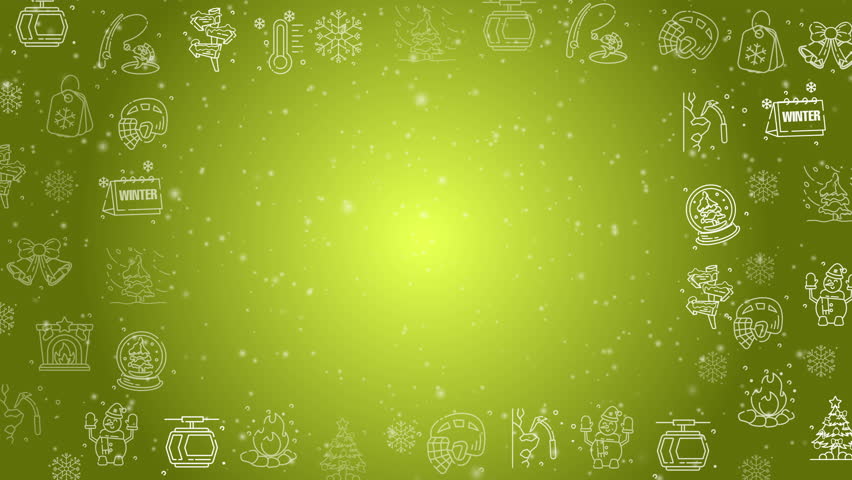 Doodle winter holiday icons line art seamless pattern with particles on a yellow background