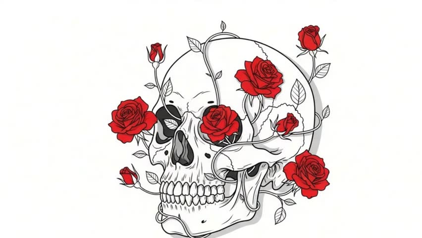 Rose floral human skull animation, Skull with blooming roses design, Gothic skull rose art video, Dark romantic skull flower motion - Powered by Shutterstock - Get 15% off with code: PIKWIZARD15