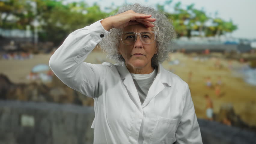Elderly woman with grey hair in a white coat smiling on a seaside beach with blurred background featuring palm trees and sand on a sunny day.