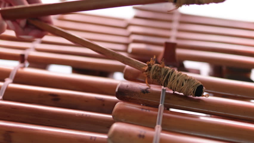 Sticks drum on the bamboo keys of a xylophone.