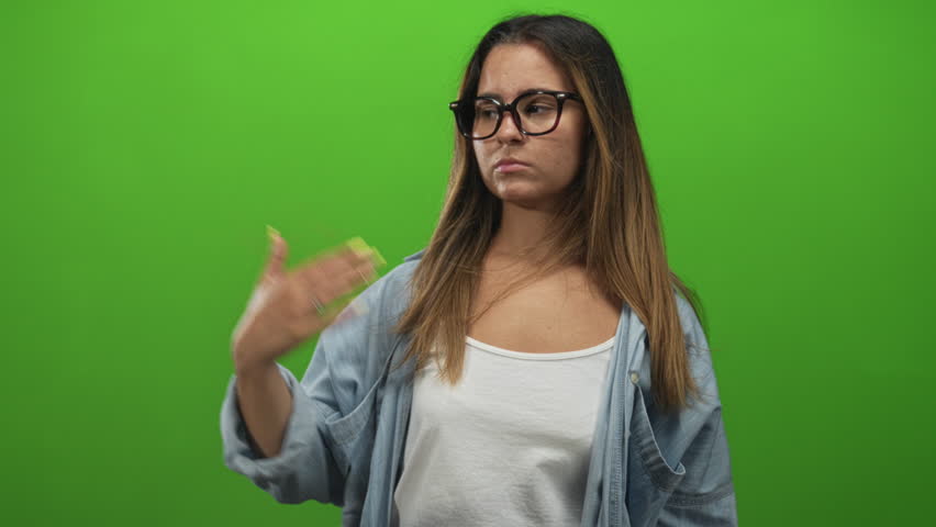Woman wearing glasses in denim shirt holding palm up and raising index finger in studio for measurement gesture; assertive instruction.