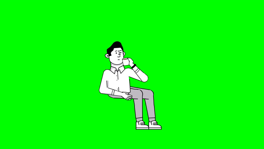 3D doodle man sitting with coffee cup on green screen, relaxing character animation for marketing, explainer video, cafe promo, lifestyle and creative digital projects.
