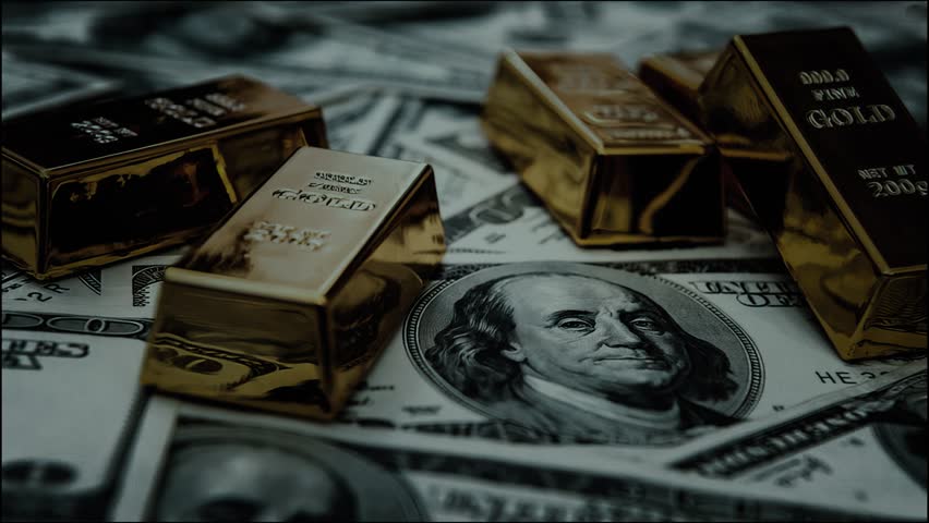 Money Dollars and Golden Bar in the dark