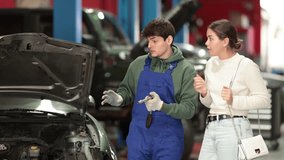 Female mechanic makes a plan together with a male mechanic about the repair and maintenance of the car. Mechanics plan to inspect the engine, change the oil and check the mechanics. High quality 4k - Powered by Shutterstock - Get 15% off with code: PIKWIZARD15