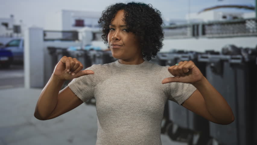 Woman points both thumbs at herself next to a line of recycling containers on a city street; pride.