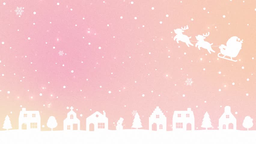 Christmas background with houses, santa claus and reindeer flying in snow animation