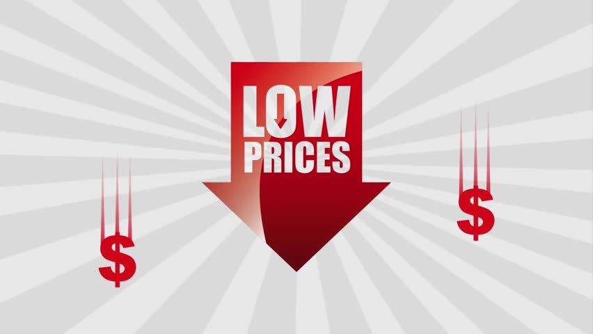 Red flash mega sale motion graphic with red arrow with LOW PRICES text and Dollar sign on radiant white