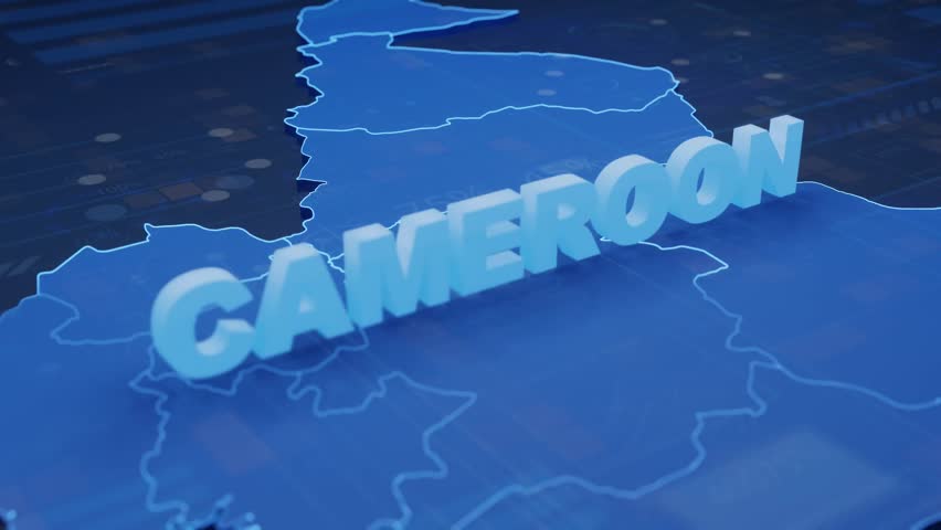 Cameroon Map Futuristic Digital Background. A dynamic animation of Cameroon's map with glowing text and futuristic UI elements. Ideal for local business, news, and tech.