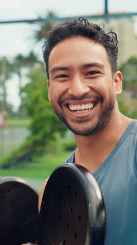 Face, men and selfie for padel sport, friends and profile picture for social media post and fitness. Outdoor, tennis players and people with racket for competition, photography POV or happy for match