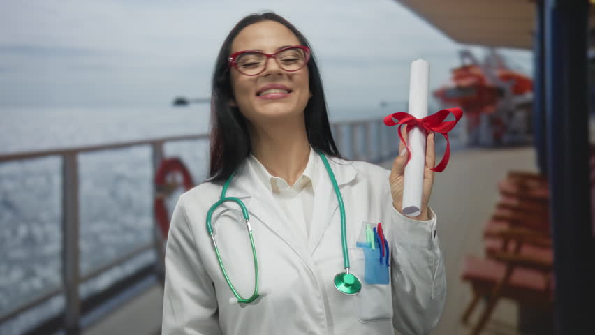 Hispanic woman doctor holding diploma on cruise ship deck with stethoscope, celebrating graduation outdoors during a voyage.