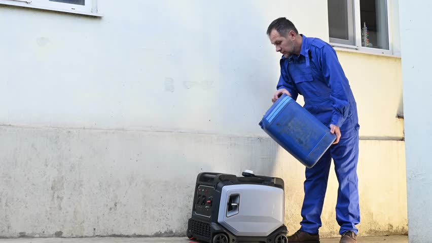 A bearded man in work clothes starts a gasoline-powered portable inverter generator. Energy independence during natural disasters and blackouts. A worker pours fuel into a generator