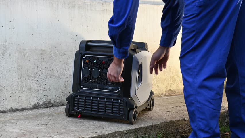 A man in overalls starts a gasoline generator, close-up of his hand