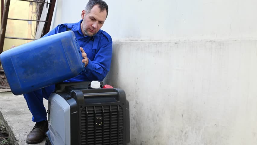 A bearded man in work clothes starts a gasoline-powered portable inverter generator. Energy independence during natural disasters and blackouts. A worker pours fuel into a generator