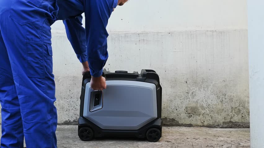 A man in overalls starts a gasoline generator, close-up of his hand