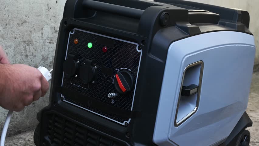 A man in overalls starts a gasoline generator, close-up of his hand, and plugs the plug into a power outlet.
