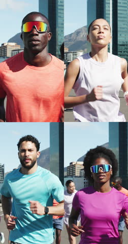 Series, fitness and people running in city for workout, training or health with challenge. Sports, composite and athletes with cardio exercise or jog on bridge outdoor for morning in urban town.