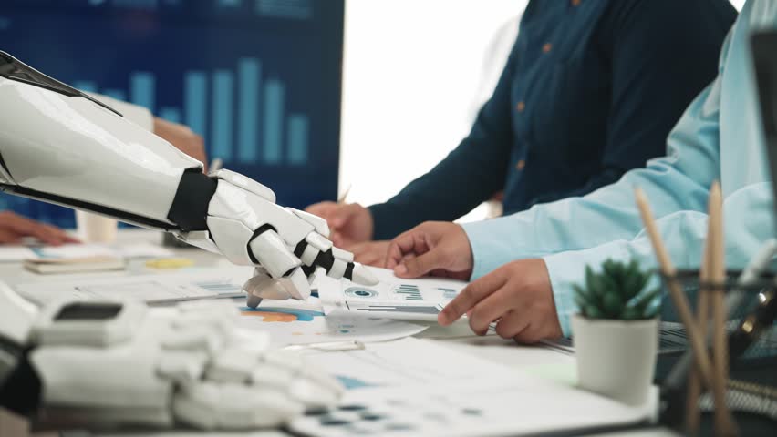 A futuristic office where an AI-powered consultant assists a business team in refining data insights and optimizing decision-making processes. Noogenesis AI - Powered by Shutterstock - Get 15% off with code: PIKWIZARD15