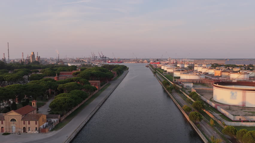 Nice drone shot showcasing its chemical, petrochemical, and port industries, Ravenna, Italy