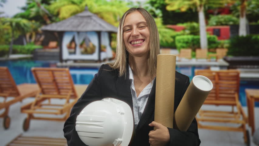 Woman holding white hard hat and two rolled blueprints while smiling in a building pool area; career confidence.