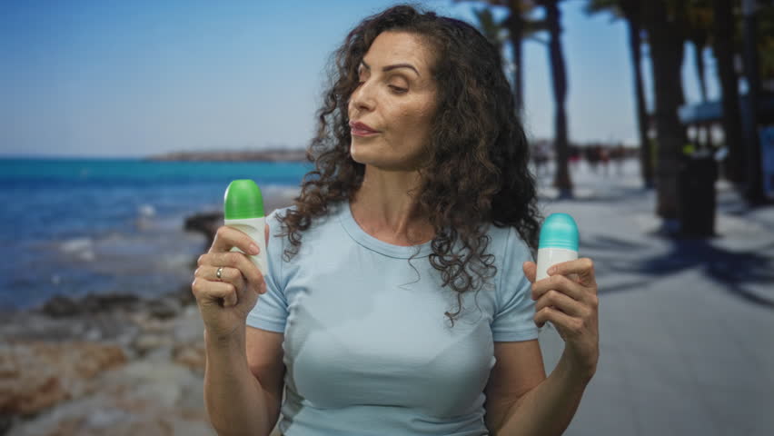 Young hispanic woman in light blue t shirt holds two roll on deodorant bottles on a sunny seaside street; indecision.