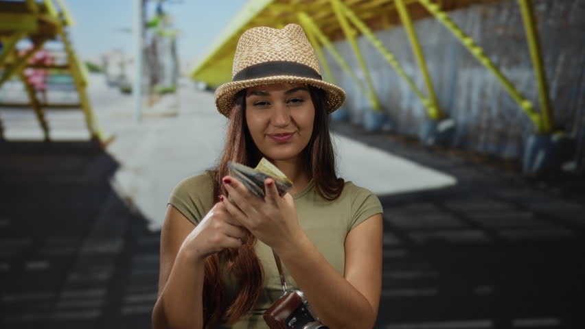 Woman counting mexican pesos on a bustling outdoor street wearing a straw hat, conveying a tourist capturing her vibrant travel experience with a vintage camera.
