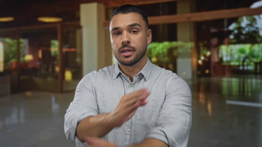 Man crossing forearms with closed eyes while wearing striped shirt in hotel building lobby under ambient light; rejection.