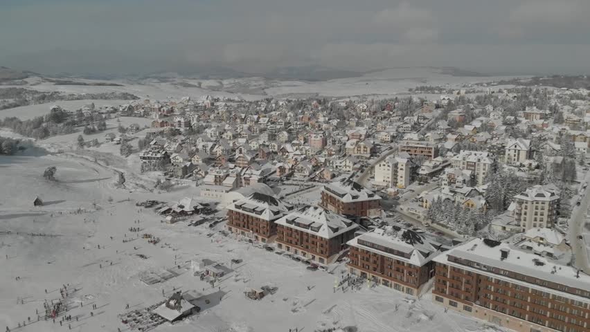 Mountain Town Winter Drone View