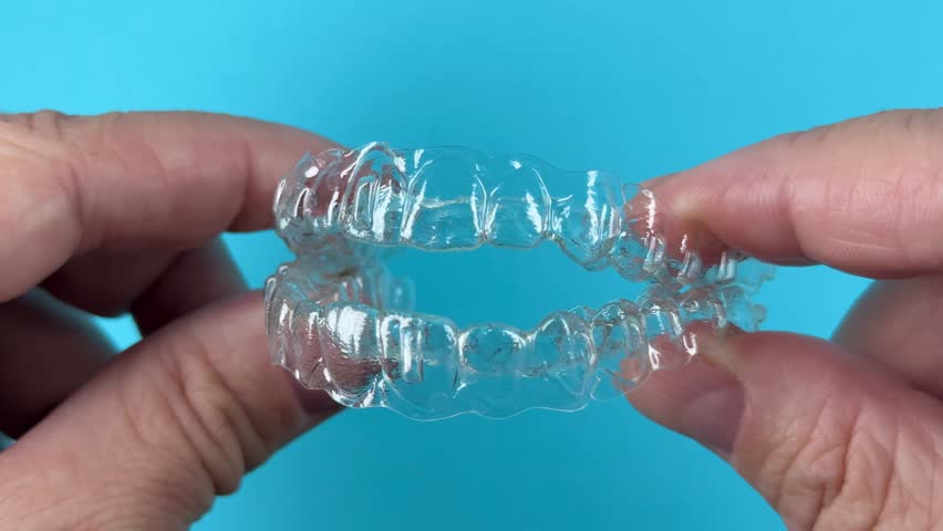 A man holds in his hand transparent aligners plastic braces retainers for straightening teeth on a blue background