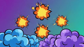 This video showcases a vibrant comic style animation featuring dynamic explosions, fluffy clouds, and electrifying lightning effects. Ideal for adding a touch of retro fun and action to any design - Powered by Shutterstock - Get 15% off with code: PIKWIZARD15