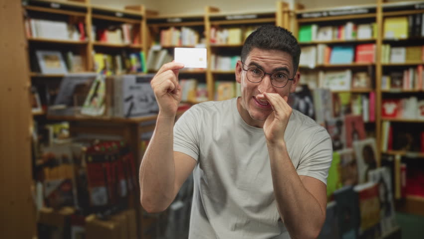 Man holding a white card up while cupping mouth with hand in building library among bookshelves and magazines; surprise reward.