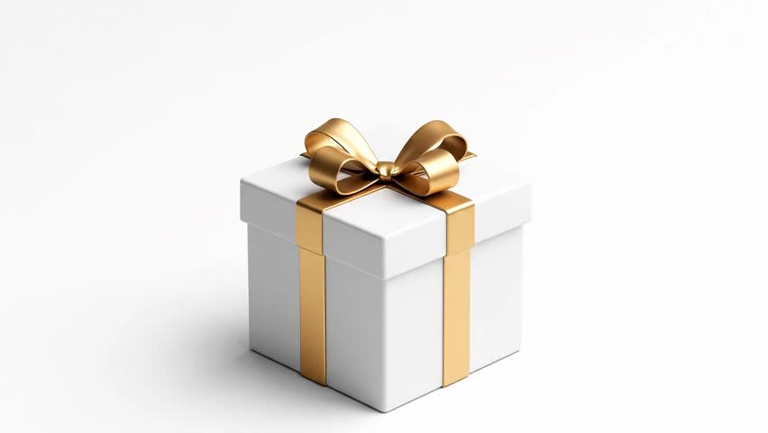 An animation showing a white gift box with a golden ribbon being opened, revealing a bright, sparkling light inside. Perfect for use in holiday, celebratory or marketing projects, this effect is a - Powered by Shutterstock - Get 15% off with code: PIKWIZARD15