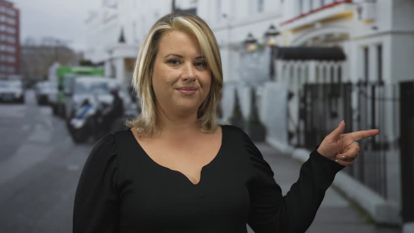 Young blonde woman in black top points finger on busy city street near white building, directing attention to unseen point; confidence poise.