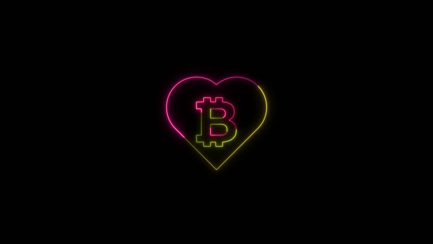 The heart-shaped neon Bitcoin logo is a digital currency.