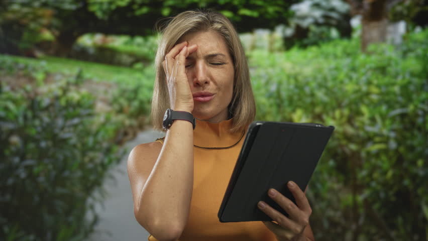 Young blonde woman holding tablet touches temple with hand in green park surrounded by leafy shrubs; frustration.