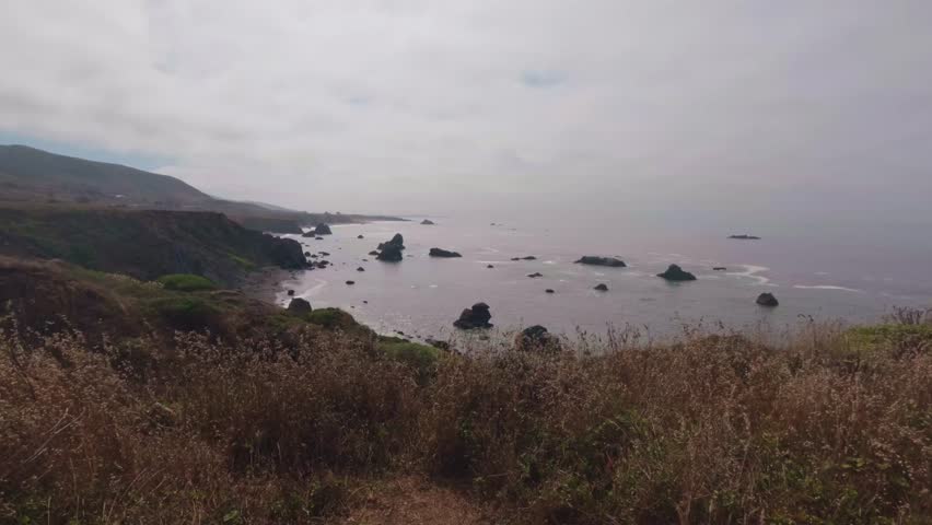 A wide coastal landscape showing dark sea stacks in the ocean, a rocky shoreline, and dry brush in the foreground under a cloudy sky