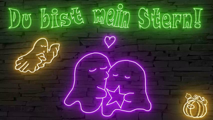 Du bist mein Stern (German you are my star) + silhouette of ghost couple illuminated 3d illustration retro neon signs, sweet and cute 10s 4k video art in purple green and orange, happy Halloween