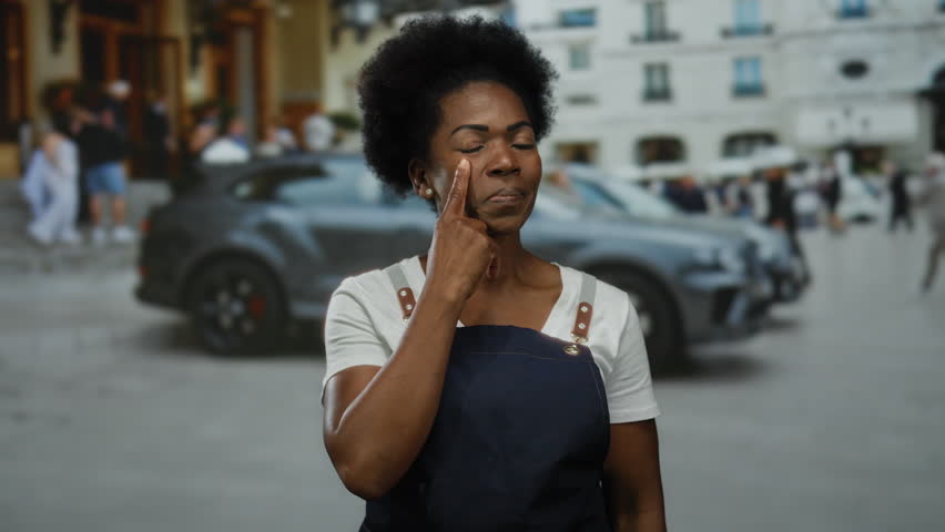 Woman in apron touching eye while standing on busy city street with blurred background and car passing by, showcasing urban life and casual style.