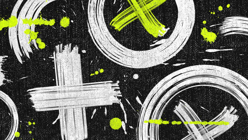 Grungy black background featuring white brush stroke circles and crosses with neon green accents