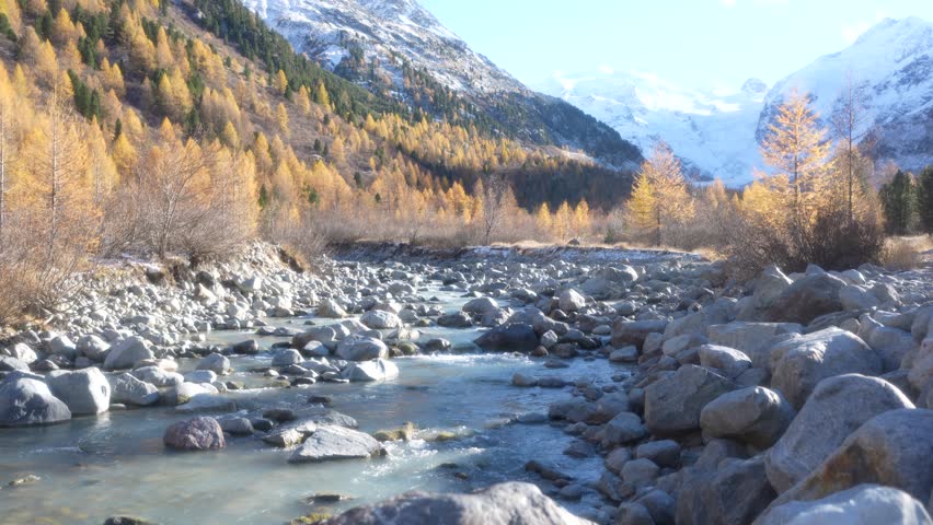 Mountain scenery of Engadin Valley, Canton Graubünden, Switzerland, with a crystal-clear alpine river flowing among rocks, golden larch trees, and snow-covered peaks in the background.