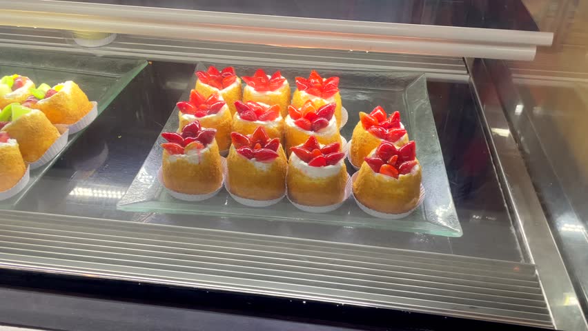 Colorful mini fruit cakes displayed
