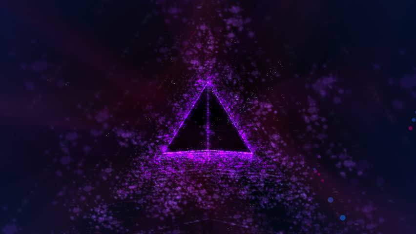 Glowing Purple Pyramid Particle Burst in Abstract Neon Digital Scene. A striking abstract scene featuring a glowing purple pyramid formed by sparkling particles. 
