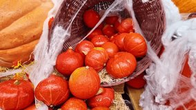 Close up of red kuri squash spilling from cornucopia basket, spooky spiderweb decoration for Halloween, autumn, or harvest festival content - Powered by Shutterstock - Get 15% off with code: PIKWIZARD15