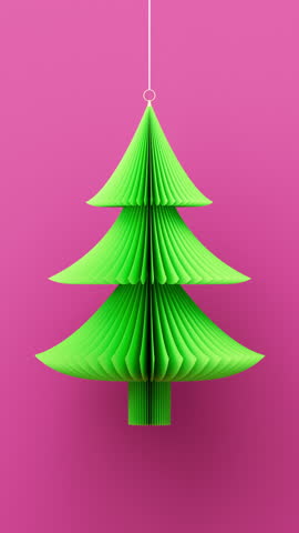 3D render of paper Christmas Tree on pink background, Merry Christmas vertical animation