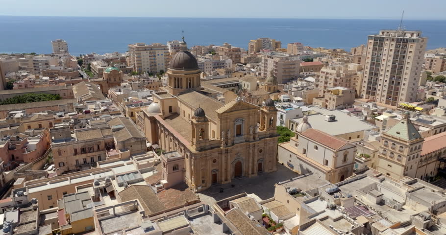 Aerial view of Marsala Cathedral, in province of Trapani, Sicily, Italy. It