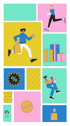 Shopping spree on Black Friday animated bento grid layout. Big sale. Multicultural consumers with shoppingbags 2D animation flat cartoon ui collage design. Vertical 4K video motion graphic collection