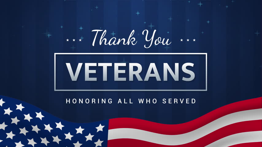 4K Thank you Veterans - Honoring all who served Animation. Flag of USA waving on blue striped background - Powered by Shutterstock - Get 15% off with code: PIKWIZARD15