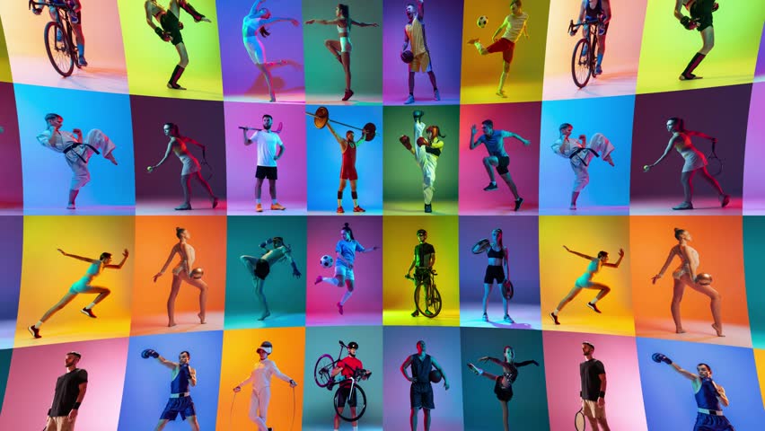 Stop motion animation. Group of diverse athletes practicing sports in creative colored studio. Concept of inclusion, passion, and collaboration representing teamwork and fitness culture.