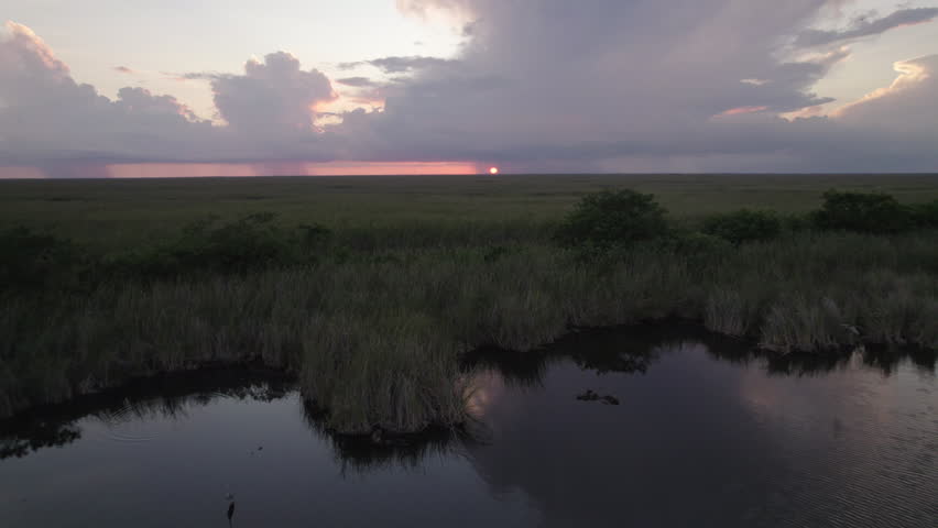 Everglades Sawgrass Wetland Slough Marsh Sunset River Reverse Aerial 2