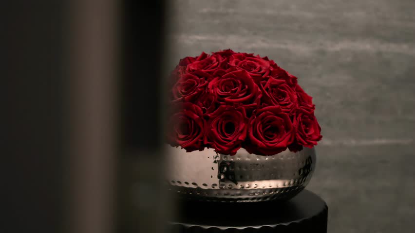 Slow Motion of Elegant Red Roses in Silver Vase